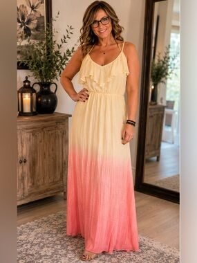 Yellow to Pink Ombre Ruffle Maxi Dress